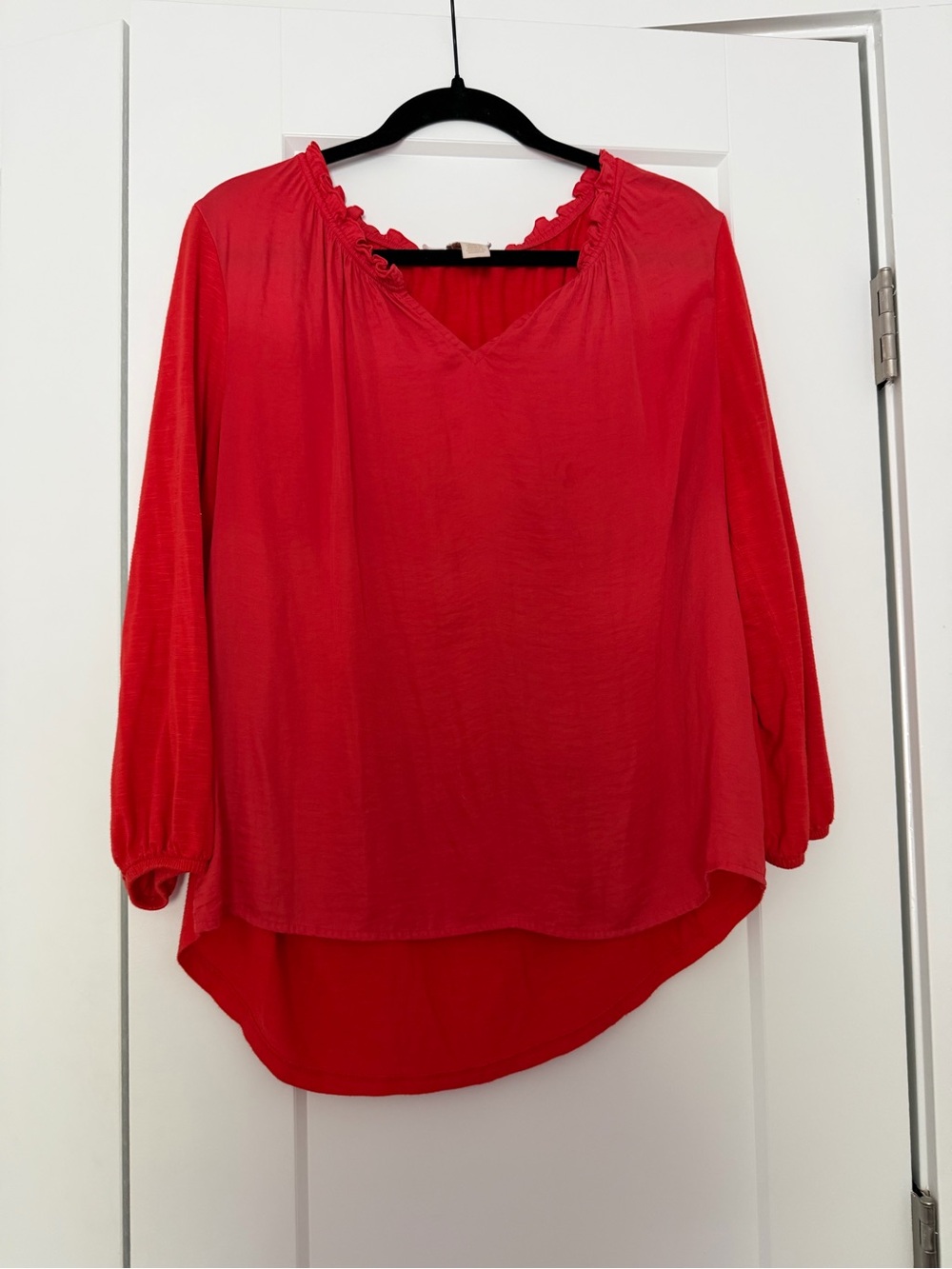 Chico's Bright Red-Orange V-Neck Ruffle-Trim Blouse